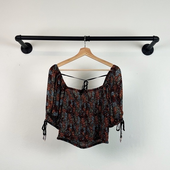 NWT Free People Back On Smocked Puff Sleeve Floral Print Crop Top - Picture 5 of 8